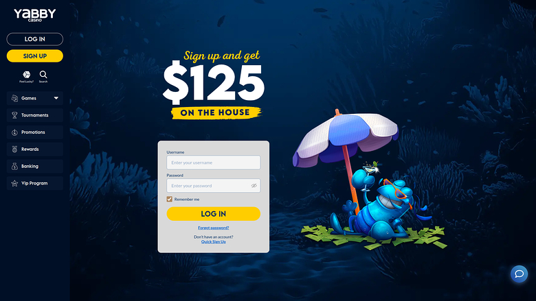 Página de inicio de escritorio de Yabby Casino
