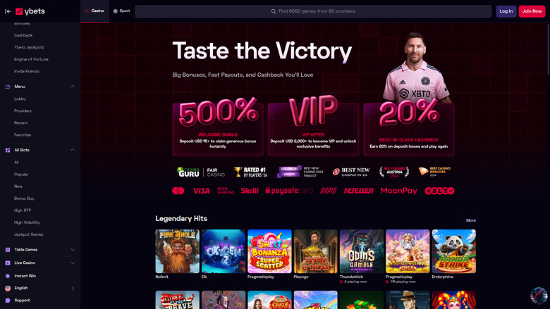 Homepage desktop di Ybets Casino