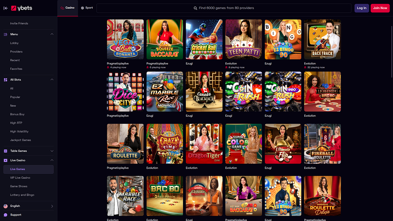 Casinò live desktop di Ybets Casino