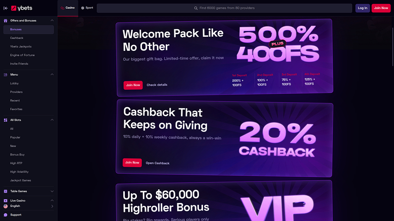 Promozioni desktop di Ybets Casino