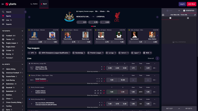 Sport desktop di Ybets Casino