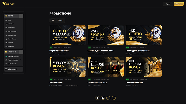 Promotions sur ordinateur de bureau du casino Yurrbet