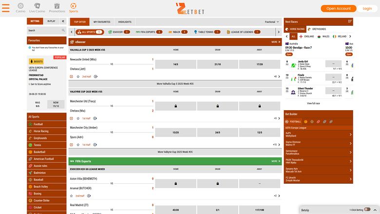 Sports sur bureau de Zet Bet Casino