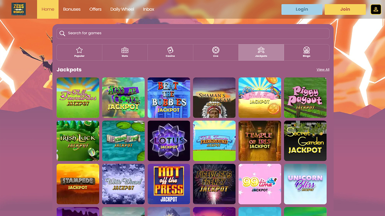 Zeus Bingo Casino Desktop Jackpot