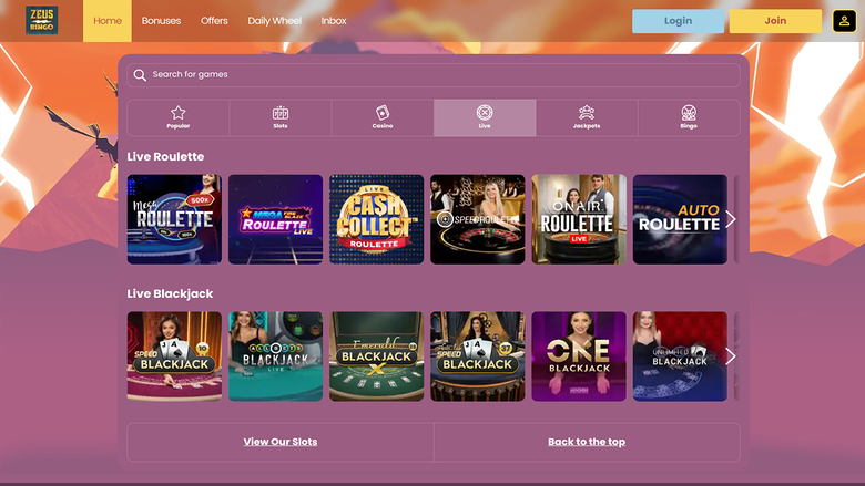Zeus Bingo Casino Desktop Live Dealer