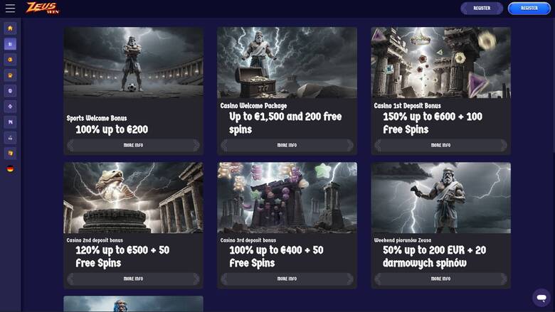 Capture d'écran de la page Promotions du casino ZeusWin