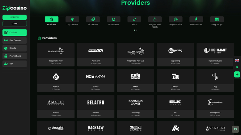 Sviluppatori di giochi di Zip Casino su desktop