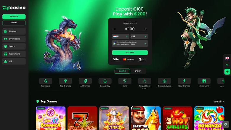 Pagina iniziale di Zip Casino su desktop