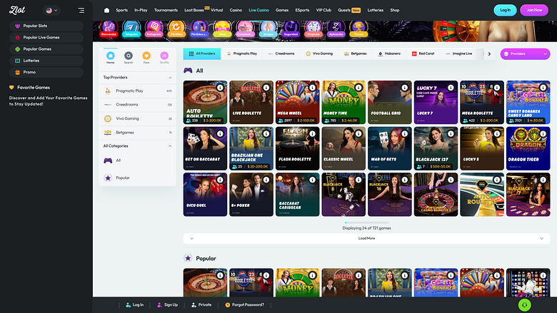 Casino Zlot pour ordinateur avec croupier en direct
