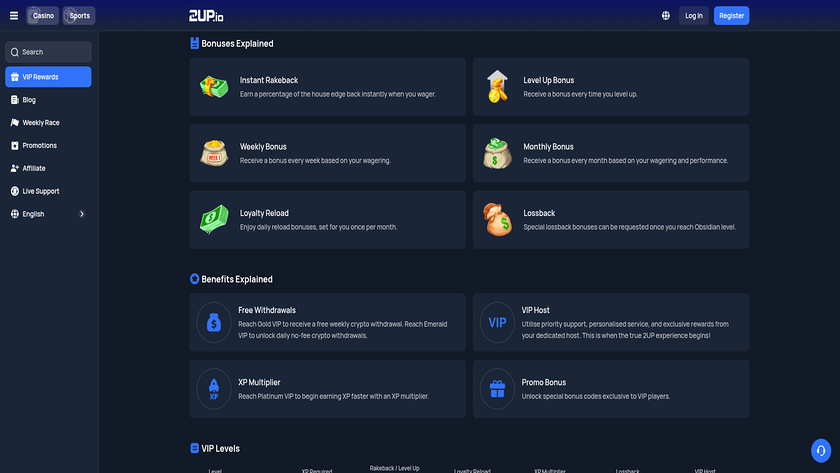 Capture d'écran du programme VIP 2up Casino pour ordinateur de bureau