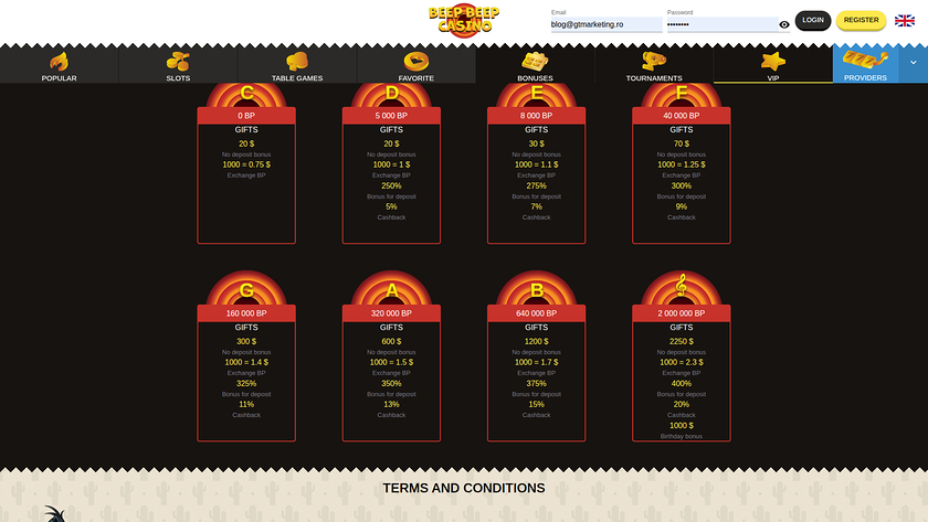 Programme VIP de bureau de Beep Beep Casino