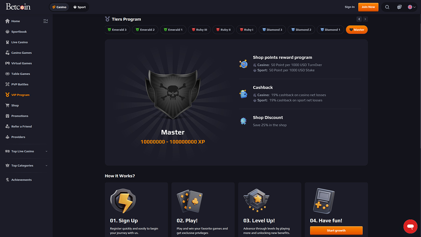Programa VIP de BetCoin Casino para escritorio
