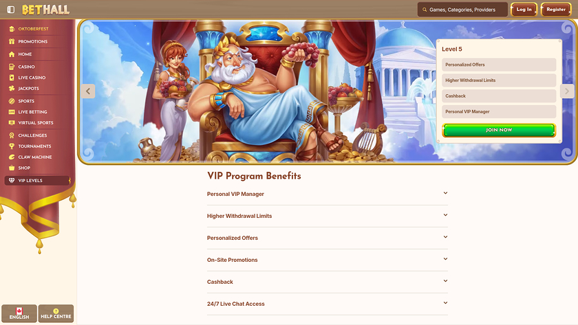 Programma VIP per desktop del casinò BetHall