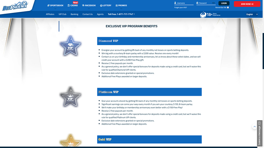 Programa VIP de BetPhoenix Casino para escritorio