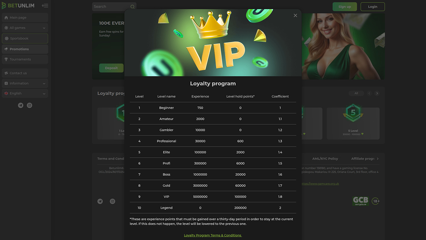 Programa VIP de Betunlim Casino para escritorio