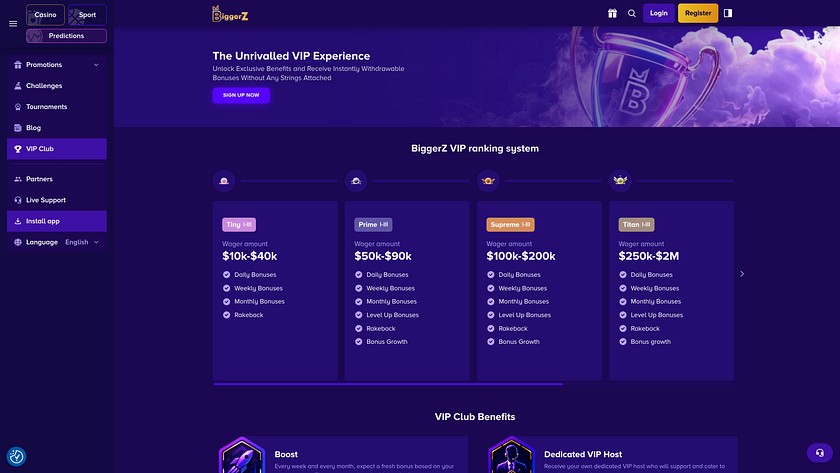 Captura de pantalla VIP de Biggerz Casino para ordenador