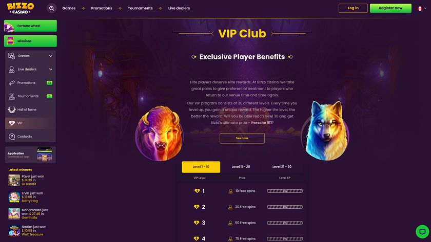 Programme VIP du casino Bizzo pour ordinateur de bureau