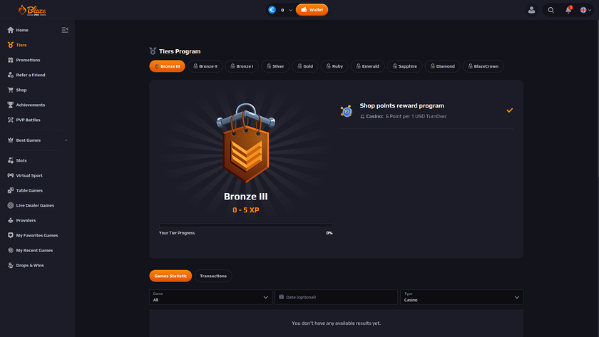 Programme VIP de BlazeSpins Casino pour ordinateur de bureau