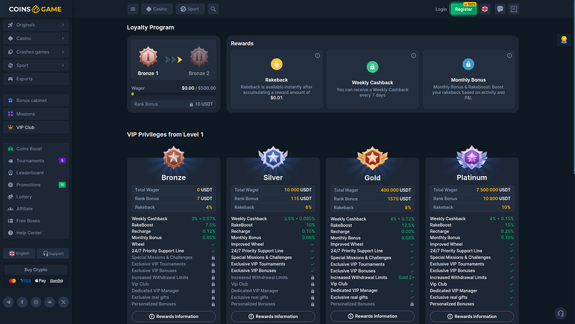 Programme VIP de bureau Coins Game Casino