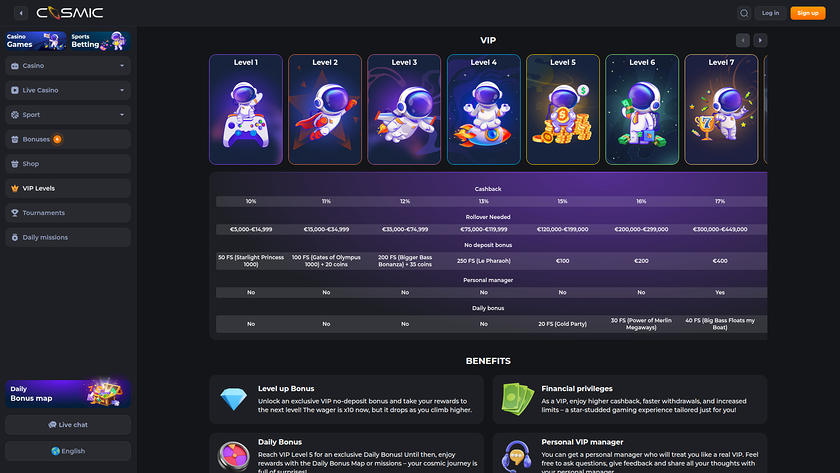Programme VIP de CosmicSlot Casino pour ordinateur de bureau
