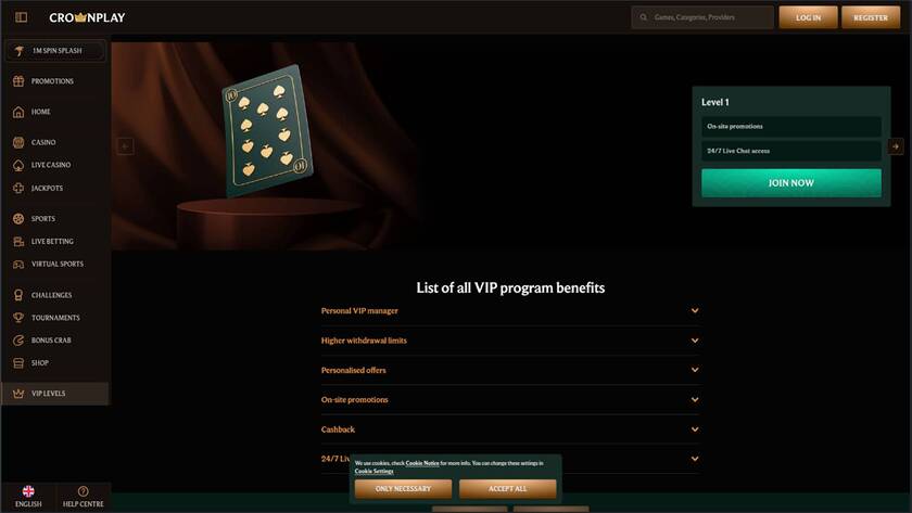 Capture d'écran de la page VIP du casino Crownplay