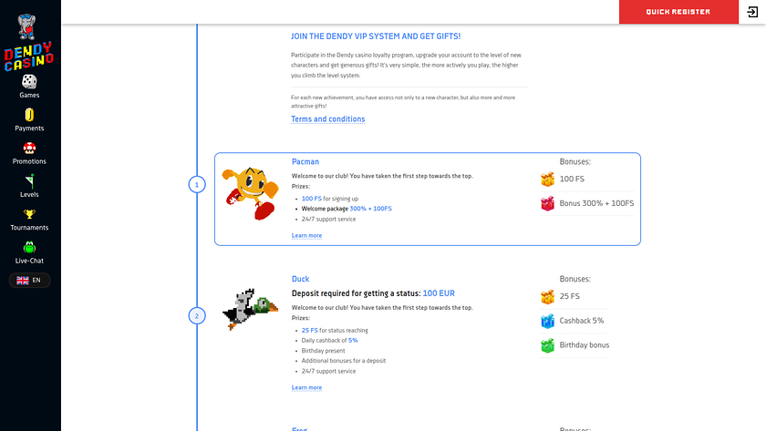 Programme VIP de bureau Dendy Casino