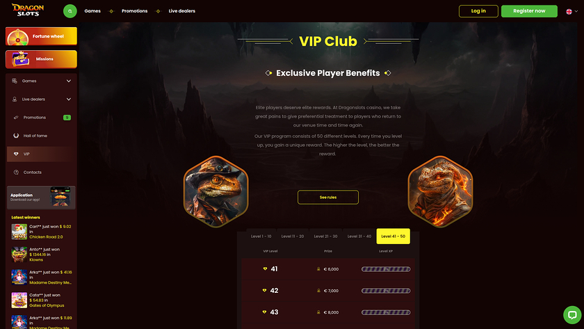 Programa VIP de DragonSlots Casino para escritorio