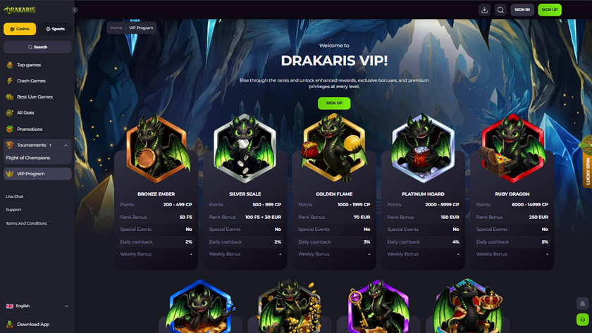 Captura de pantalla de la página VIP de Drakaris Casino