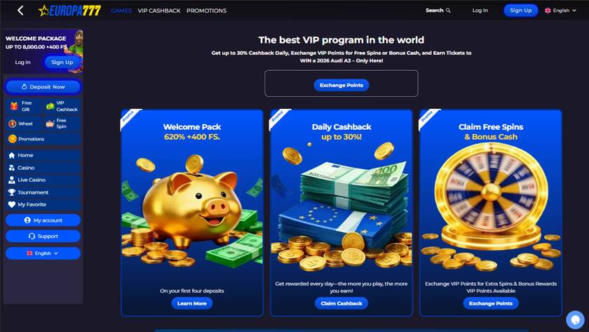 Скриншот VIP-страницы казино Europa777