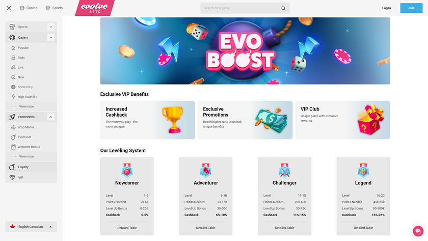 Programma VIP per desktop del casinò Evolve