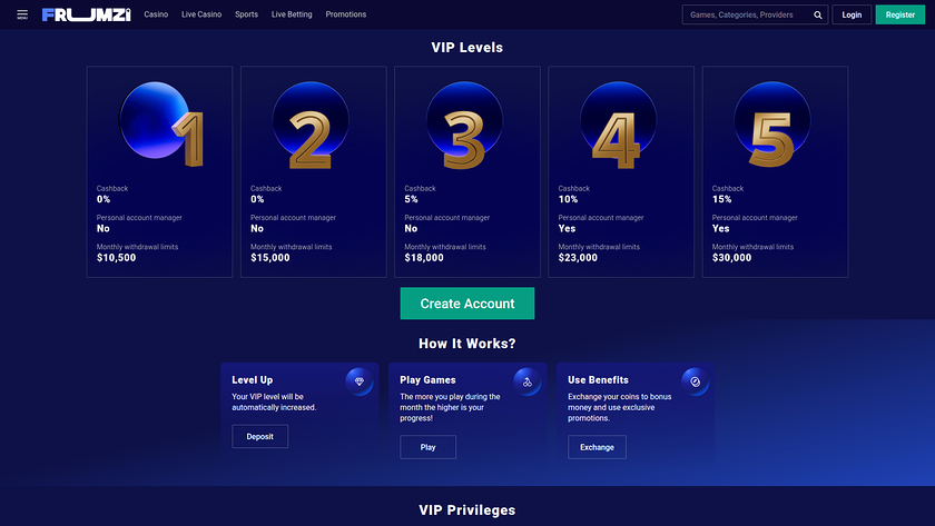 Programma VIP per desktop del casinò Frumzi