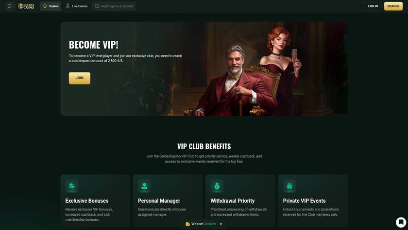 Capture d'écran de la page VIP du Goldex Casino