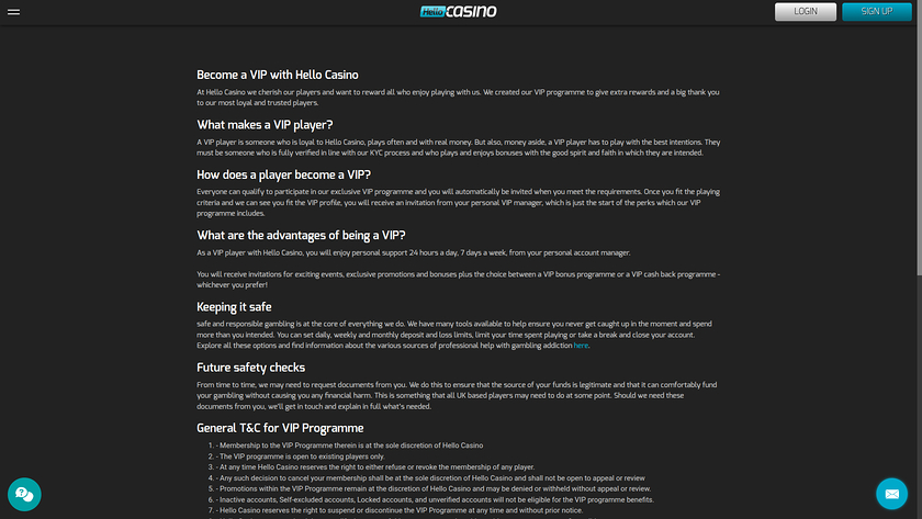 Programma VIP desktop di Hello Casino