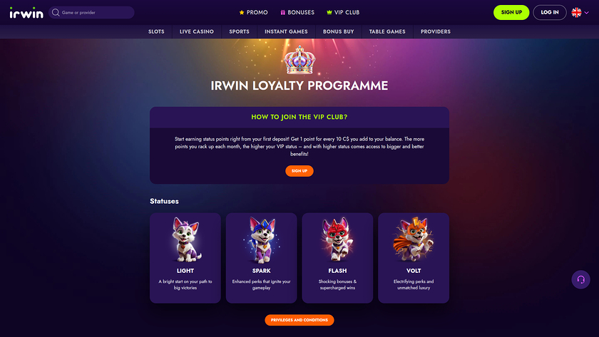 Programma VIP di Irwin Casino per Desktop