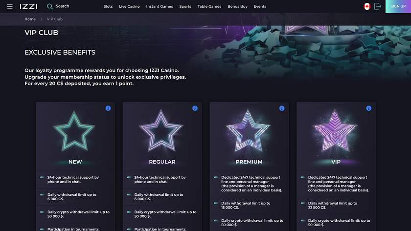 Programme VIP de IZZI Casino pour ordinateur de bureau