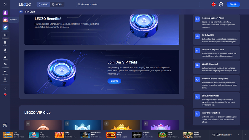 Programme VIP de bureau du casino Legzo