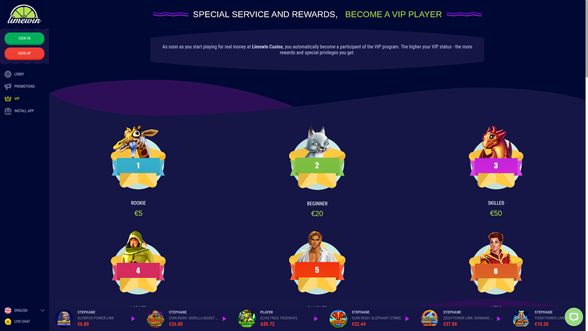 Programme VIP pour ordinateur de bureau du casino Limewin