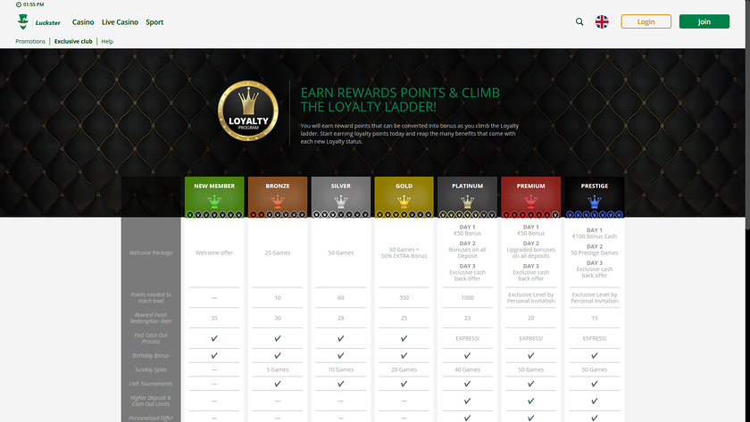 Programme VIP pour ordinateur de bureau du casino Luckster