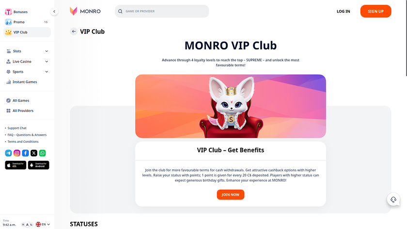 Programa VIP de escritorio de Monro Casino