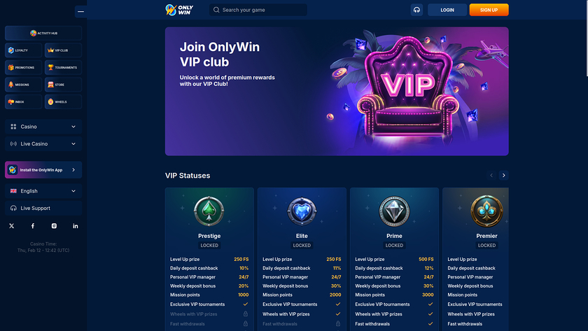 Programme VIP Only Win Casino sur ordinateur