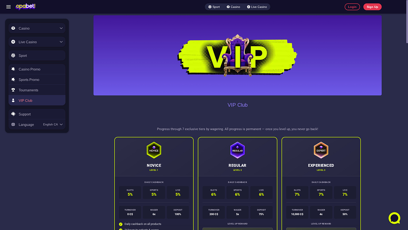 Programme VIP pour ordinateur de bureau du casino OpaBet