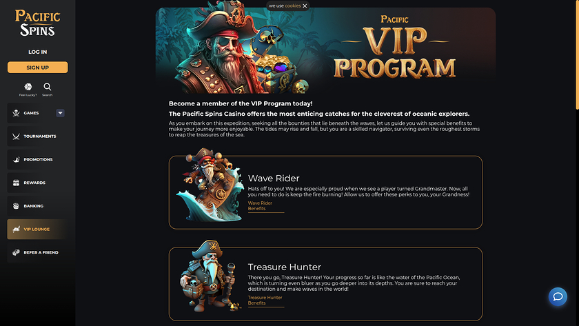 Programme VIP pour ordinateur de bureau du casino Pacific Spins