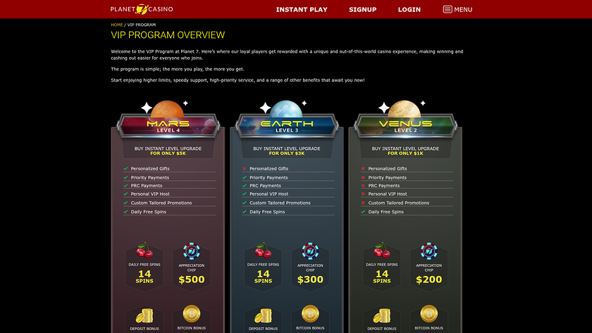 Programme VIP pour ordinateur de bureau du casino Planet 7