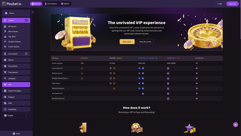 Programme VIP pour ordinateur de bureau du casino Playbet.io