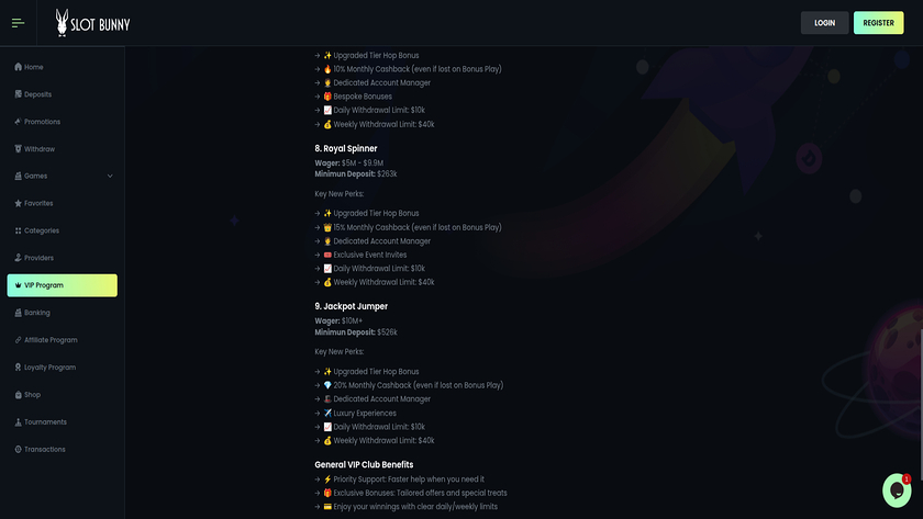 VIP of SlotBunny Casino for Desktop