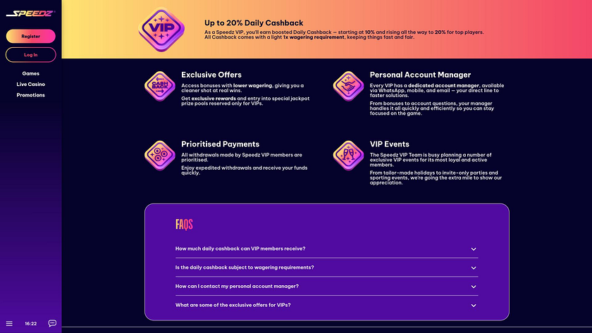 Speedz Casino VIP page