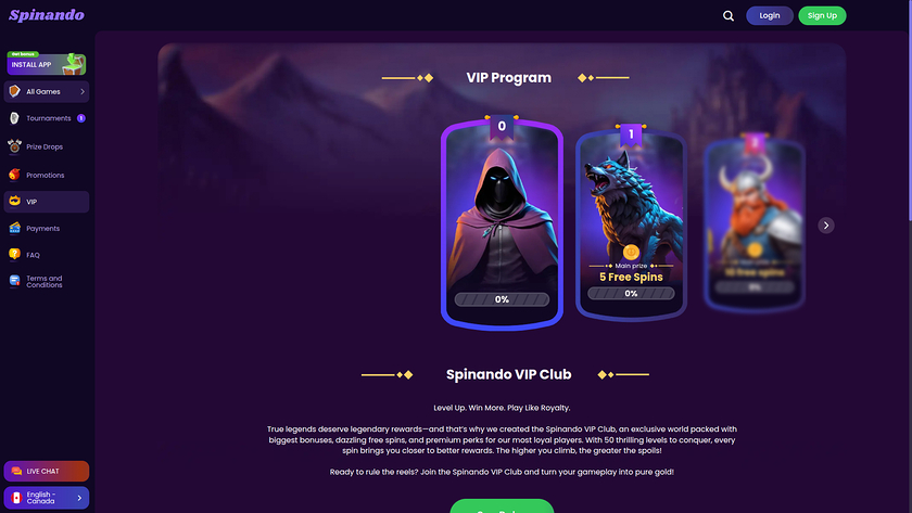 Screenshot della pagina VIP di Spinando Casino