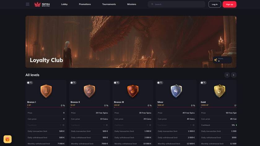 Pagina del programma fedeltà di SpinEmpire Casino