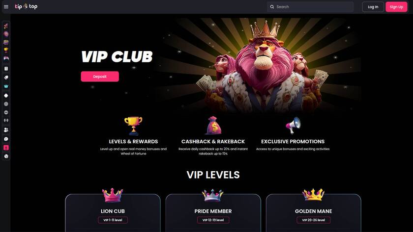 VIP page screenshot of TipTop Casino