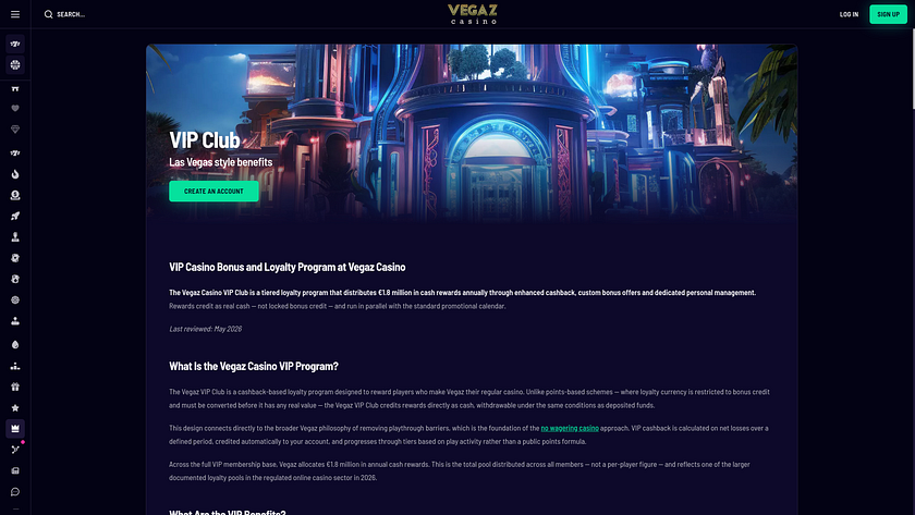 Pagina desktop VIP di Vegaz Casino